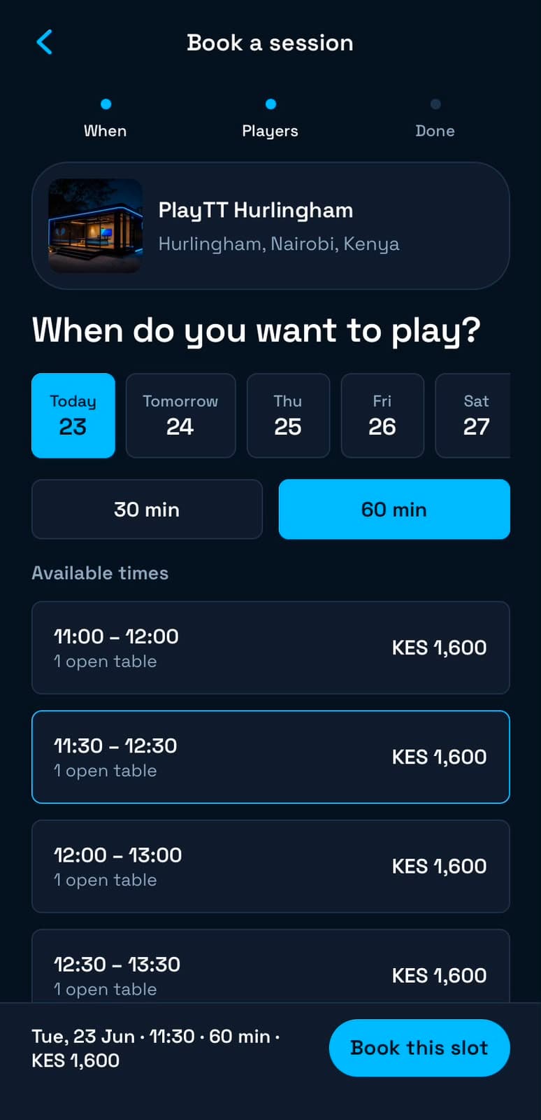 PlayTT mobile booking screen showing times at PlayTT Hurlingham