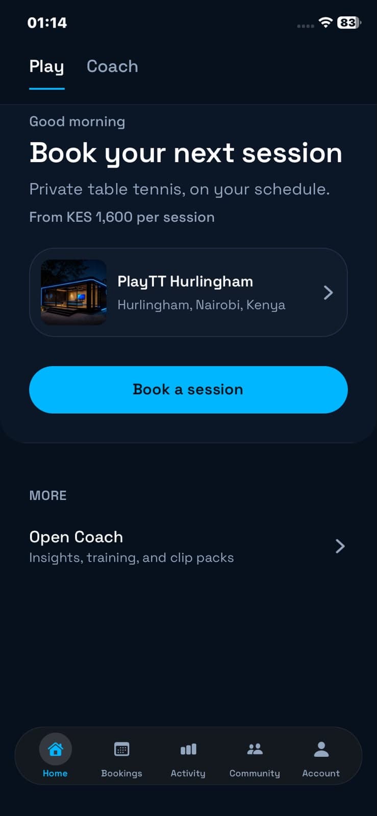 Choose your pod in the PlayTT mobile app